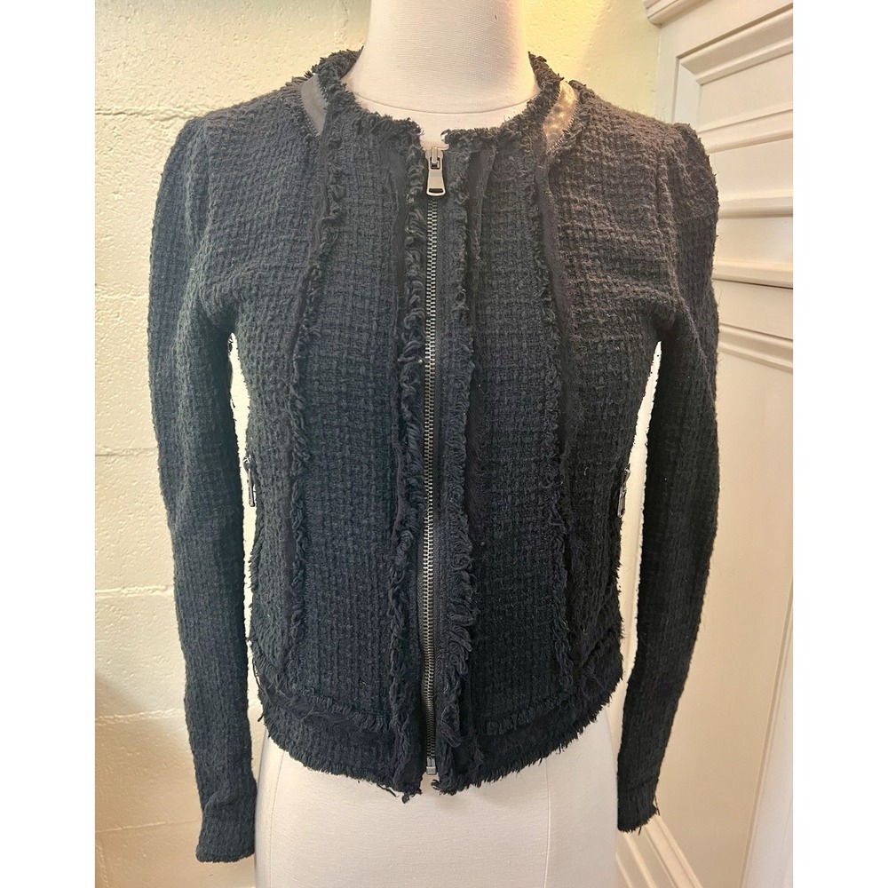 Rebecca Taylor Womens Full Zip Crew Neck Knit Jacket Black Cotton Size 2